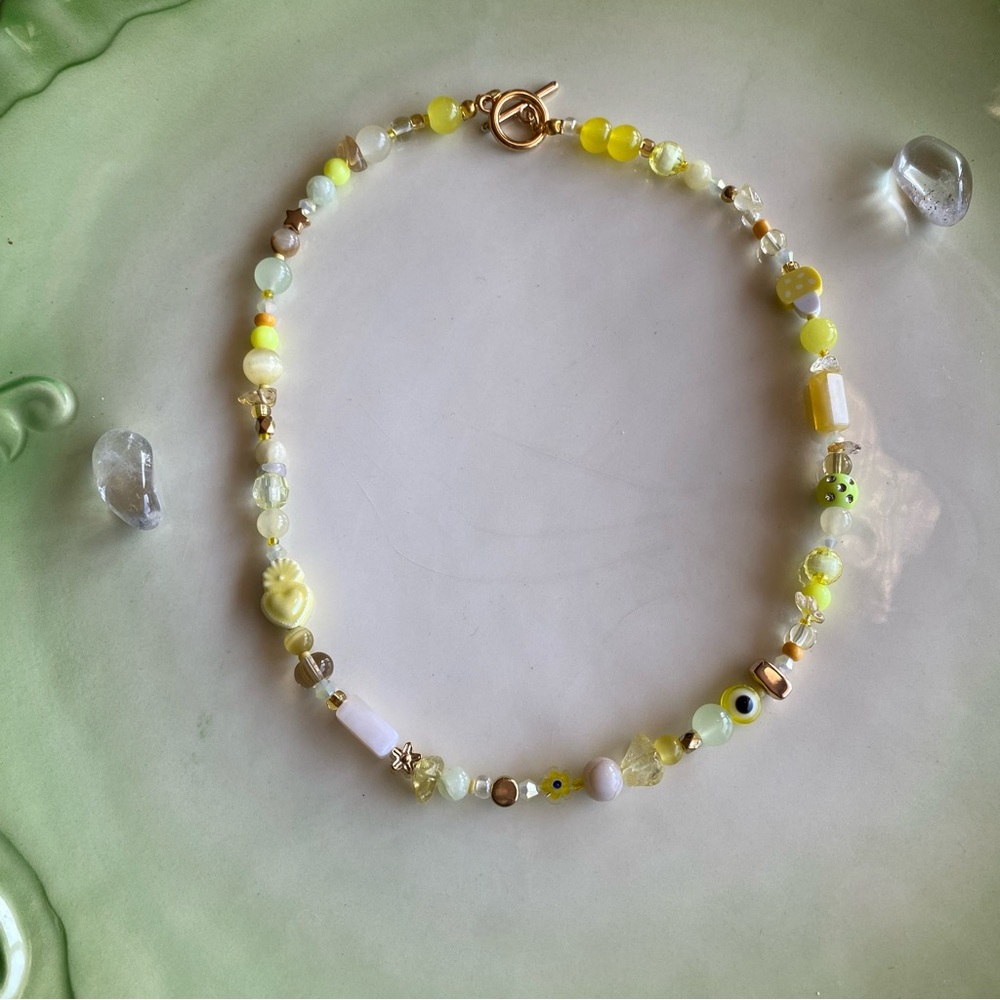 Daydream Yellow & Gold Tone Necklace Evil Eye Star Flowers Stone Crystal Neon